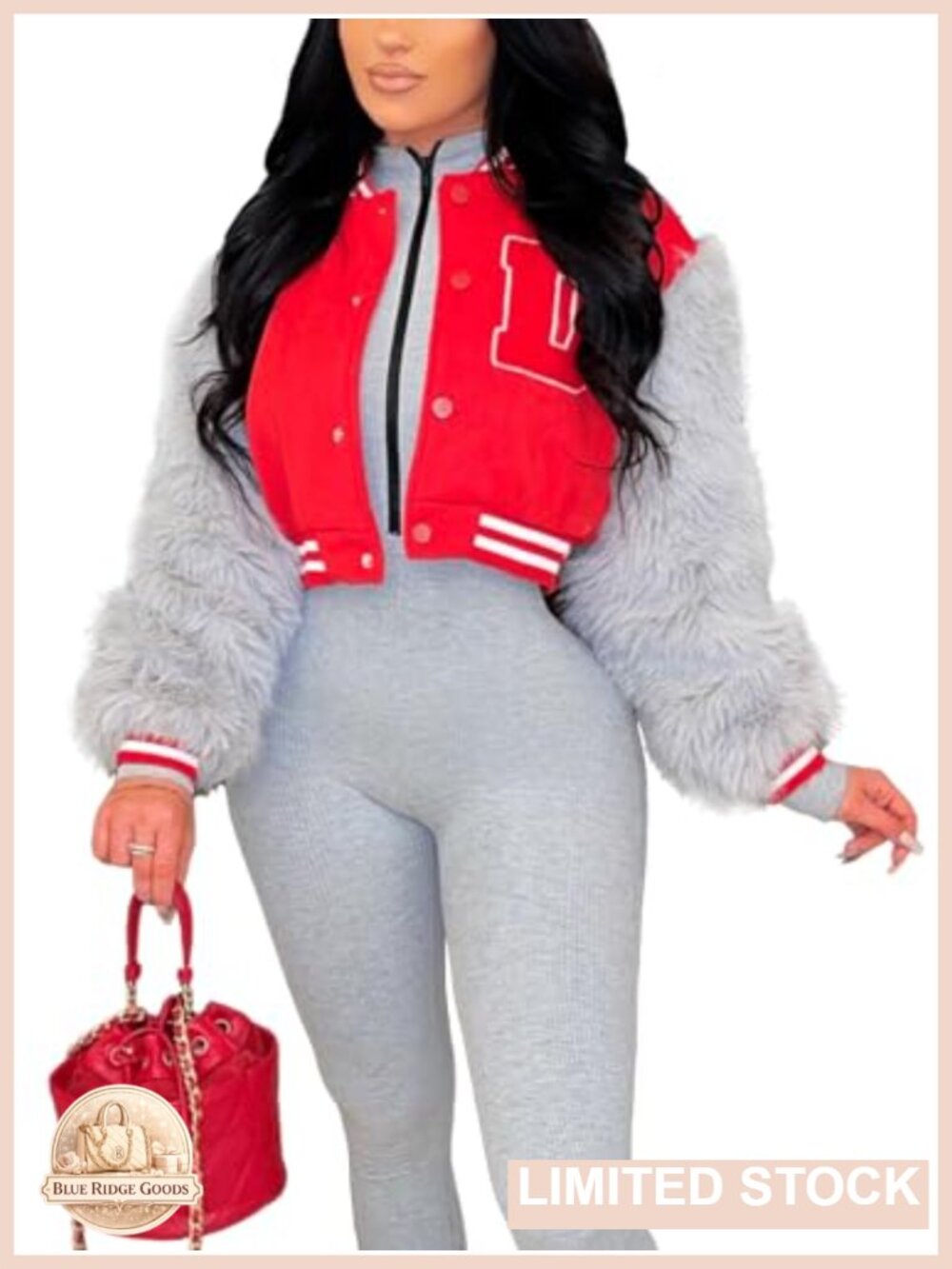 Women's Cropped Varsity Letterman Jacket with Faux Fur Sleeves